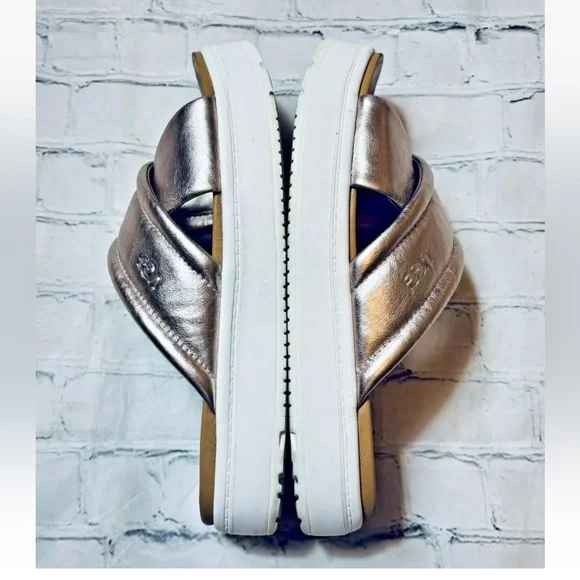 UGG Women Size 7.5 Zayne Crossband Rose Gold Metallic Slip On Platform Sandals - Picture 8 of 11